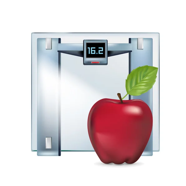Κλίμακα βάρους με κόκκινο μήλο απομονωθεί — Διανυσματικό Αρχείο