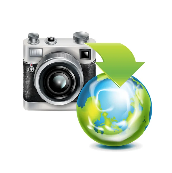 Camera icon and earth globe isolated — Stock Vector