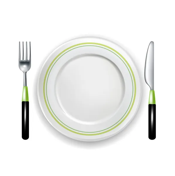 Fourchette et couteau avec plaque isolée sur blanc — Image vectorielle