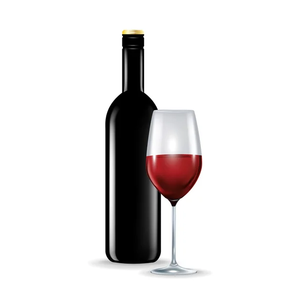 Segelas anggur merah dengan botol terisolasi - Stok Vektor