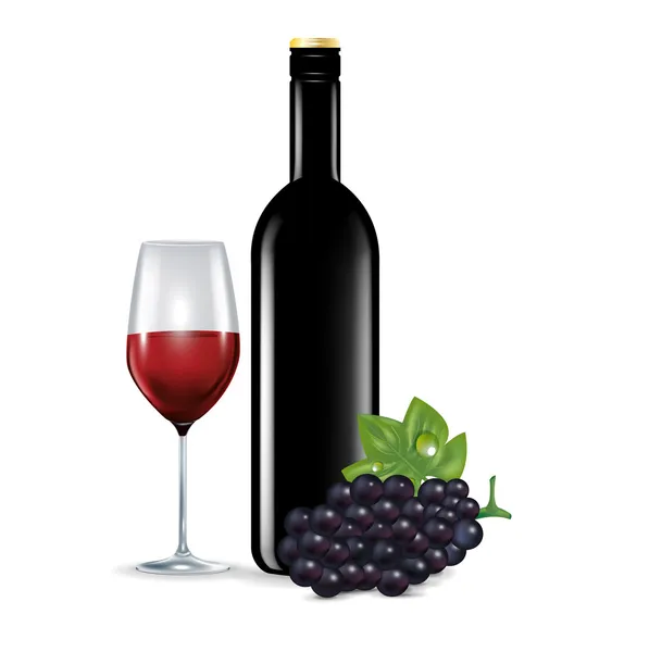 Vidro com vinho tinto, uva e garrafa isolado — Vetor de Stock