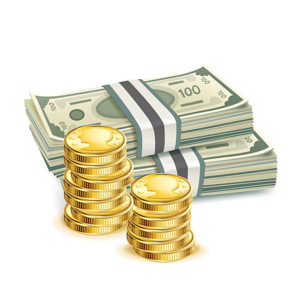 банкноты и стопка монет
