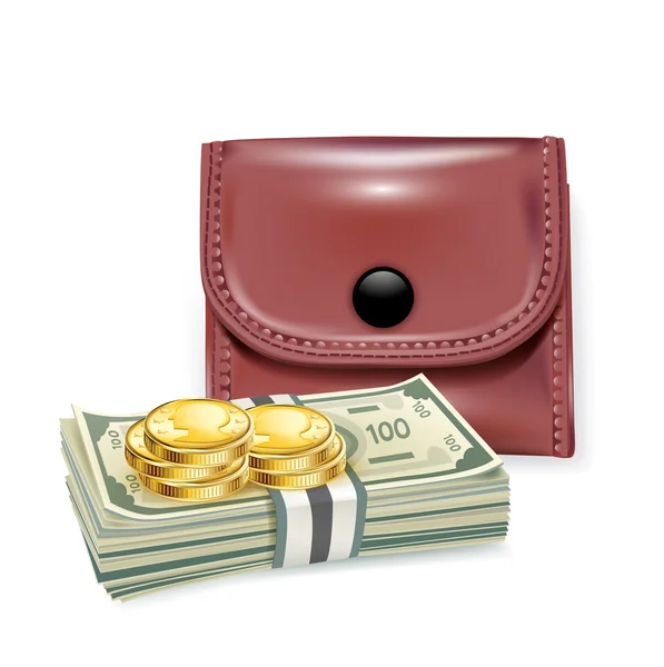 Carteira de couro com dinheiro e moedas — Vetor de Stock