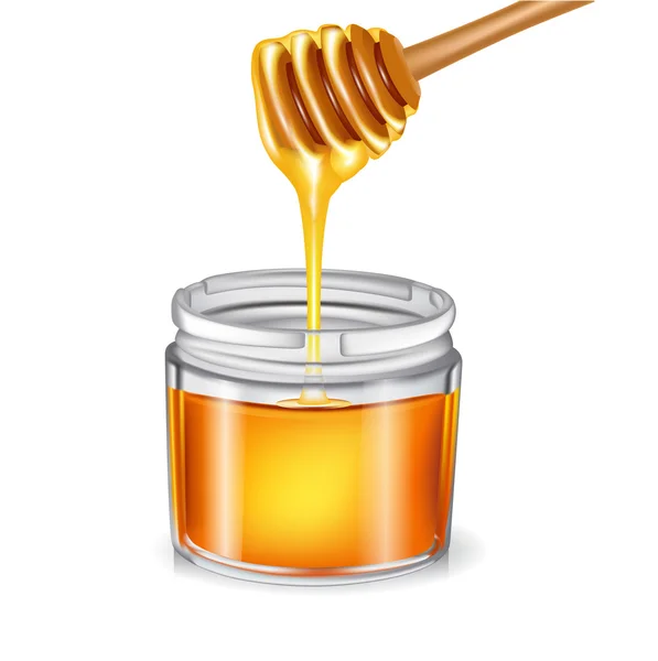 Honey with dipper pouring in jar — Stock Vector