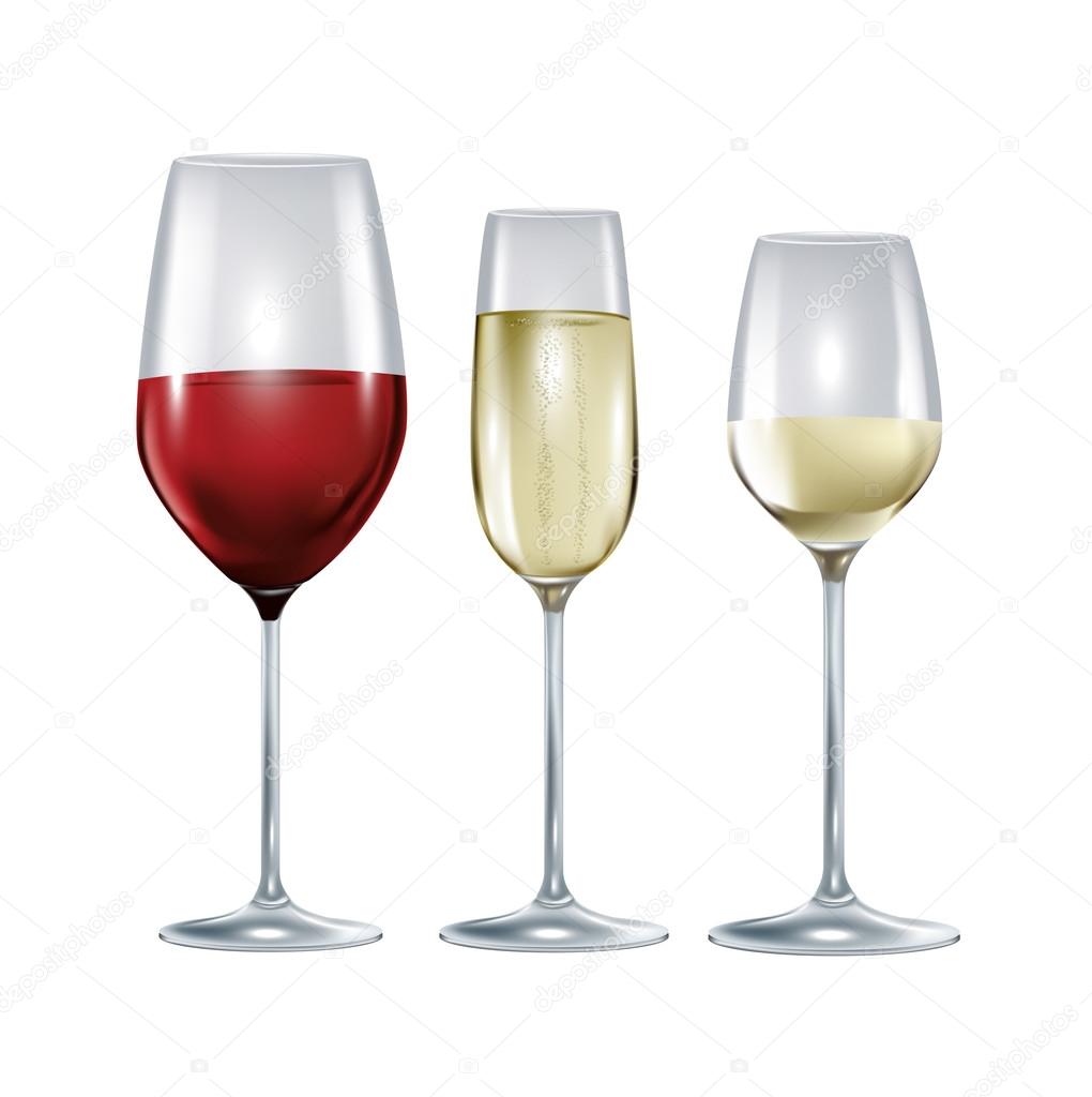 three glasses with wine and champagne isolated