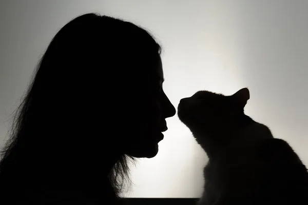 Silhouette of woman face with cat — Stock Photo, Image