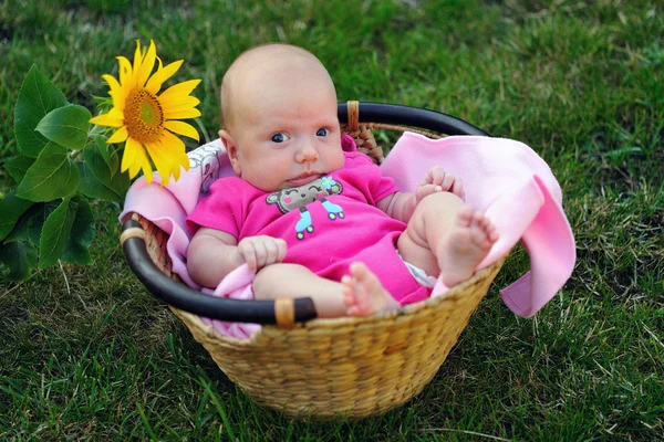 Causial baby in stro mand met zonnebloem — Stockfoto