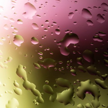 Cam yüzeyindeki su damlacıklarının çok renkli arkaplanı yansıtan soyut görüntüsü.