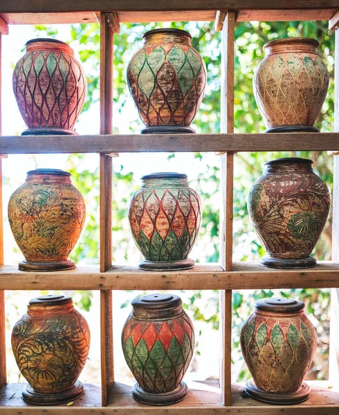 Ancient Style Pottery Jars Lined Wooden Shelves — Stockfoto