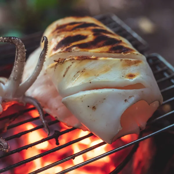 Grilled squid on a cast iron grill over a charcoal grill.