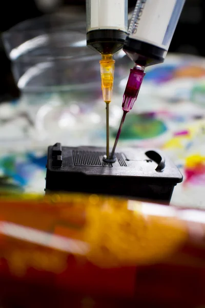 프린터 잉크 리필 주사기 장비입니다. 잉크 얼룩 직물