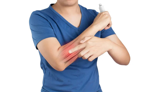 Pijnstillers Aanbrengen Onderarm Onderarm Spierpijn Door Ontsteking — Stockfoto