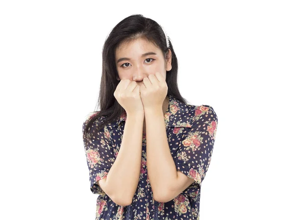 Aziatische Tiener Meisje Voelen Verlegen Wit Backgroun — Stockfoto
