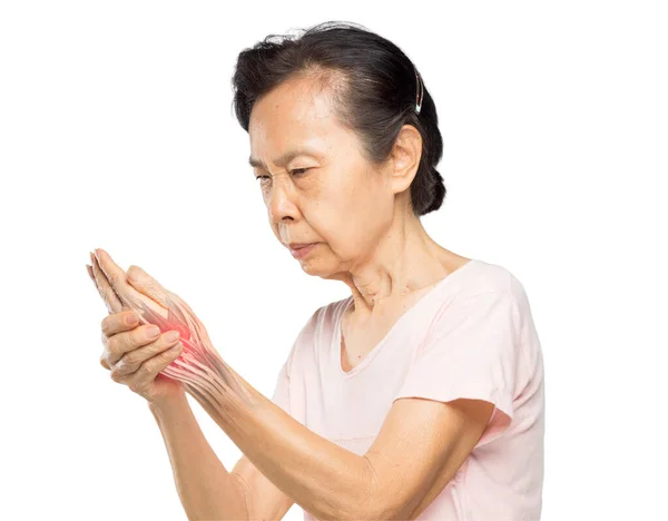 亚洲女人在白色背景下感到腕部肌肉疼痛 — 图库照片