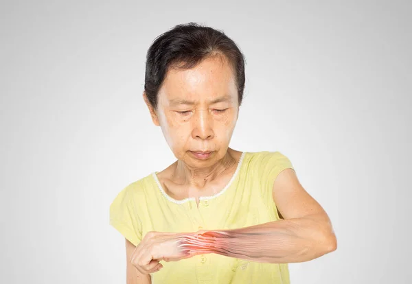 Asian Woman Feel Wrist Muscle Pain White Background — Stock Photo, Image