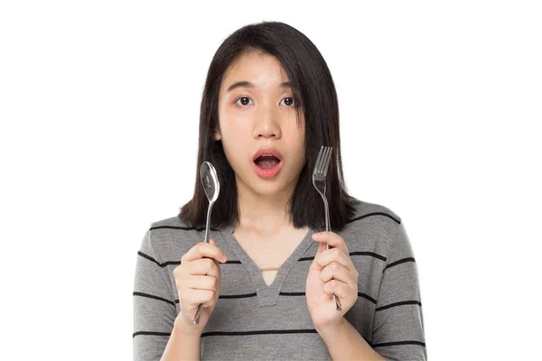 Asian Woman Holding Cutlery Feel Excited Expression White Background — Stock Photo, Image