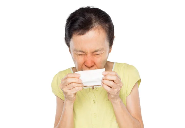 Old Asian Woman Feel Sick Covered Her Mouth Tissue While — Stock Photo, Image