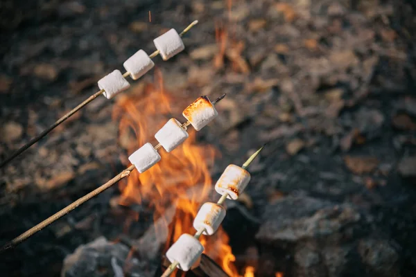 烤棉花糖放在篝火后面的木棍上 — 图库照片
