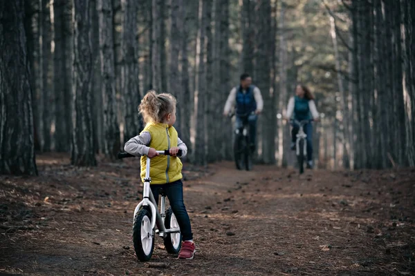 Mała Dziewczynka Rodzicami Jeździ Rowerami Lesie Sosnowym — Zdjęcie stockowe