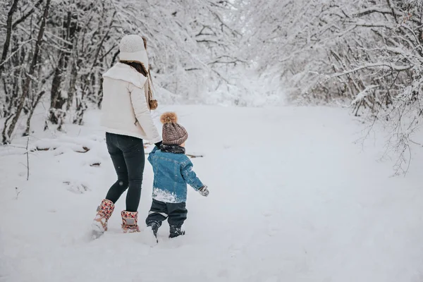 Anne ve oğlu ormanda karda yürüyorlar..