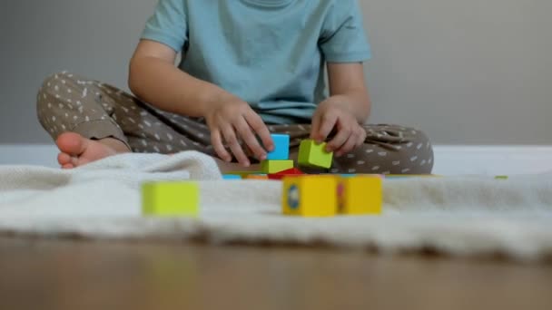 Dítě staví věž z barevných dřevěných kostek. dítě hraje vzdělávací hračky. pohyblivost rukou. konstruktér. organické hračky. vzdělávací hry doma — Stock video