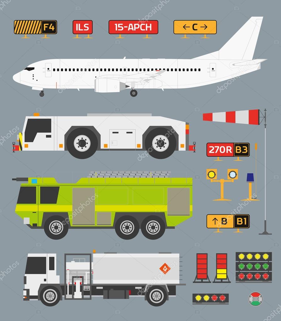 Airport infographic set with trucks