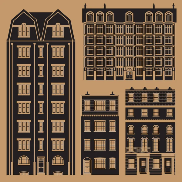 Buildings set with english classic terrace houses - monochrome — Stock Vector