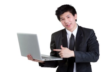 Akıllı bir adam iş dizüstü elbise izole tutmak