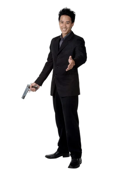 Business man shook hands Hold gun isolated — Stock Photo, Image