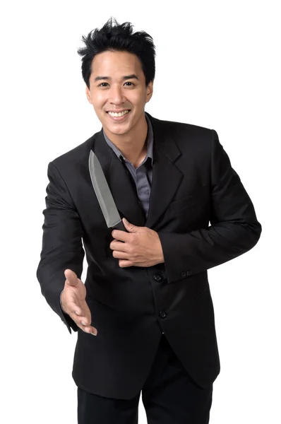 Geschäftsmann lächelt geschüttelte Hände halten Messer isoliert — Stockfoto