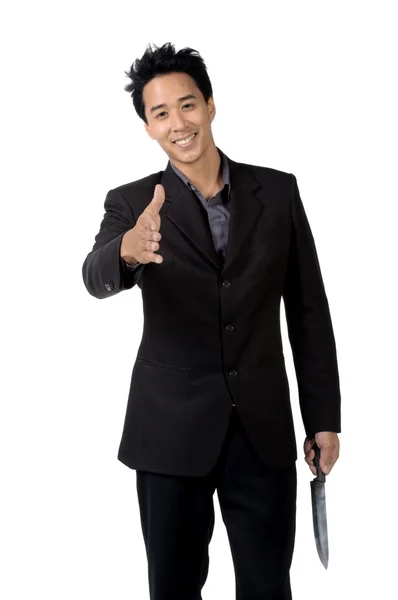 Business man smile shook hands and Hold knife isolated — Stock Photo, Image