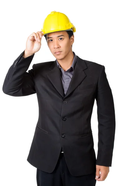 Giovane caposquadra o ingegnere con cappello rigido giallo in tuta isolata — Foto Stock