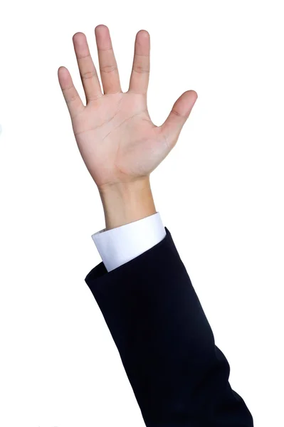 Mann mit Handzeichen im Anzug isoliert — Stockfoto