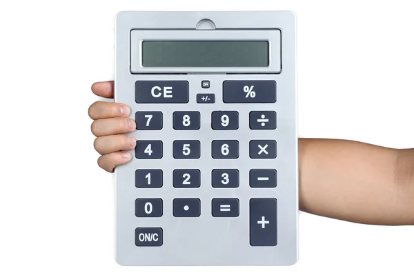 Postawy znak ręką trzymać kalkulator na białym tle — Zdjęcie stockowe