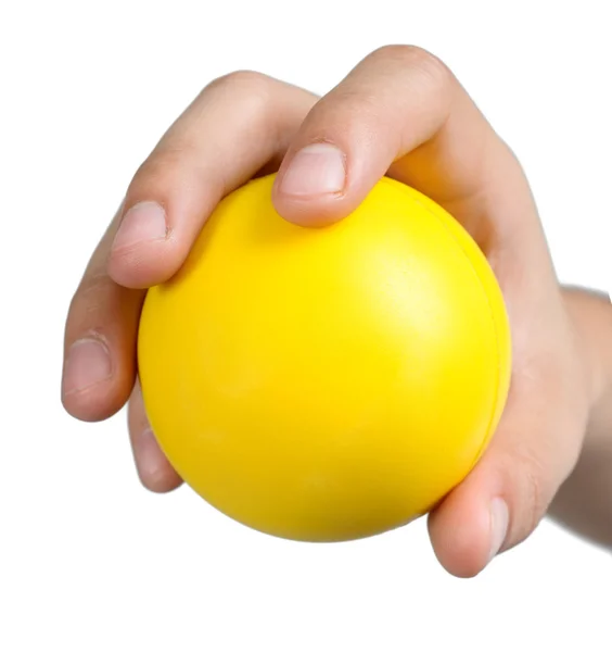 Hand tecken hållning hålla gul boll gul isolerade — Stockfoto