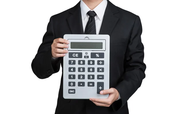 Business man hold Calcolatrice in isolato Immagine Stock