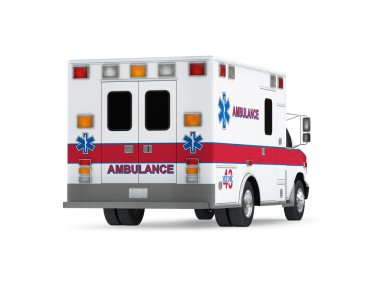 Ambulans araba beyaz zemin üzerine izole. Arkadan Görünüm