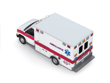 Ambulans araba beyaz zemin üzerine izole. izometrik arkadan görünüm