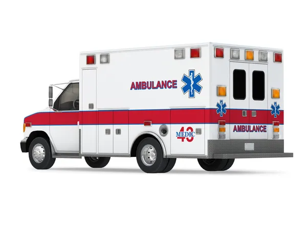 Ambulans araba beyaz zemin üzerine izole. Perspektif Görünümü geri