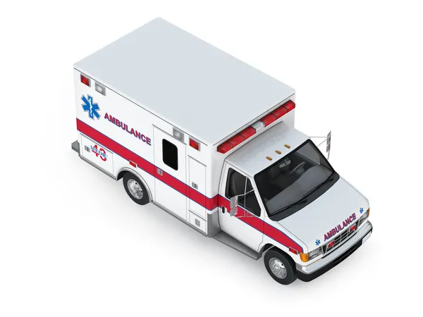 Coche de ambulancia aislado sobre fondo blanco. Vista frontal isométrica Imagen de archivo