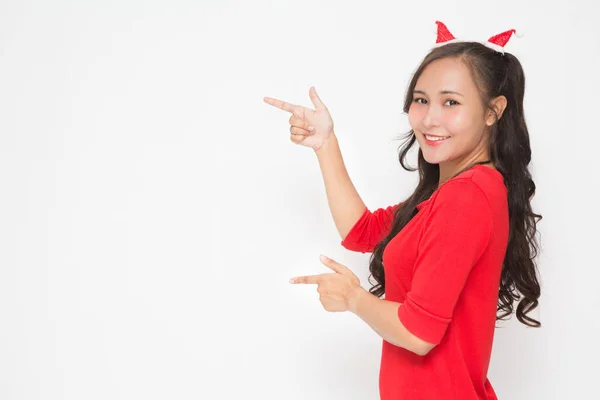 Hermosa Mujer Asiática Con Pequeño Sombrero Santa Vestido Rojo Sobre —  Fotos de Stock