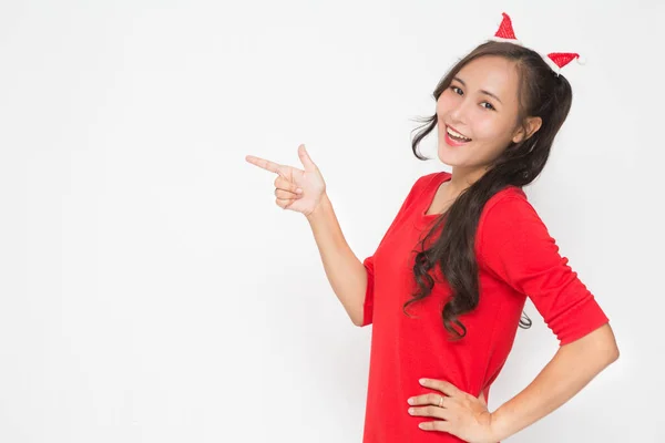 Hermosa Mujer Asiática Con Pequeño Sombrero Santa Vestido Rojo Sobre —  Fotos de Stock