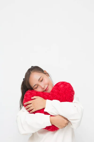 Beautiful Asian Woman Wearing White Sweater Closing Her Eyes Hugging — Stock Fotó