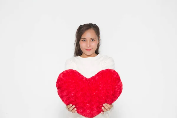 Beautiful Asian Woman Wearing White Sweater Holding Red Heart Shape — Stock Fotó