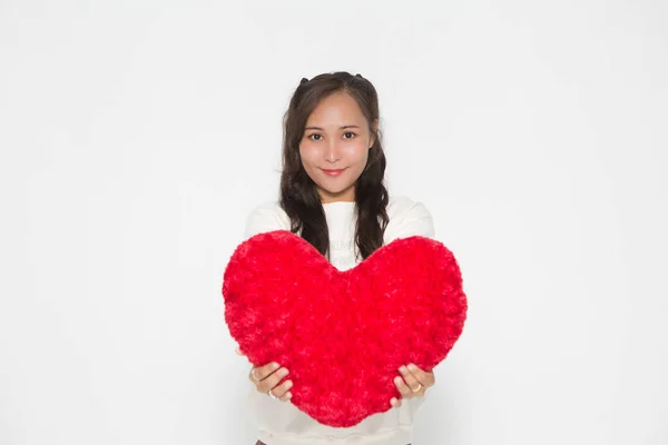 Beautiful Asian Woman Wearing White Sweater Holding Red Heart Shape — Stock Fotó