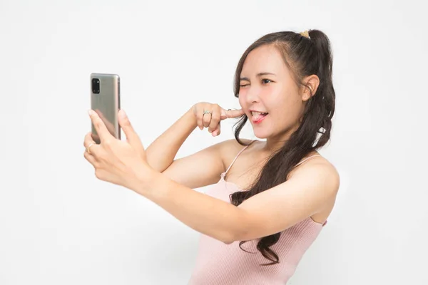 Beautiful Asian Woman Wearing Pink Casual Shirt Holding Smartphone Selfie — Stock Photo, Image