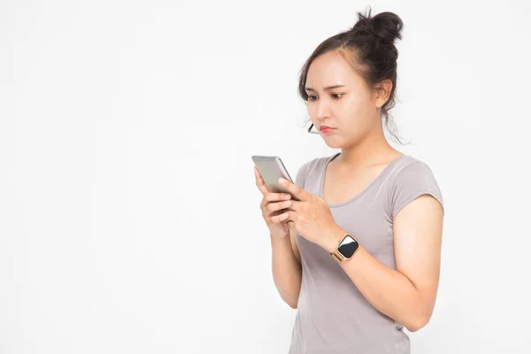 Hermosa Mujer Asiática Que Usa Una Camisa Informal Gris Que — Foto de Stock