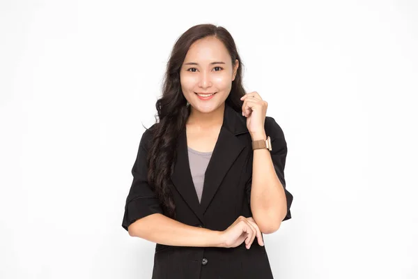 Mulher Negócios Asiática Bonita Vestindo Terno Preto Com Seus Braços — Fotografia de Stock