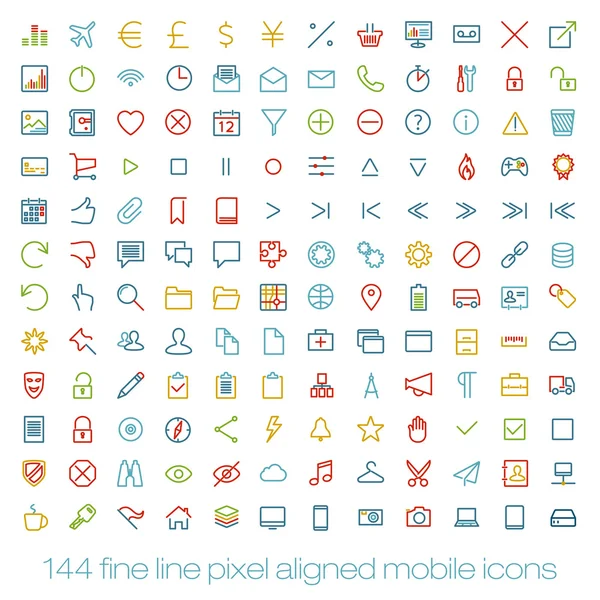 144 kesme mobil arayüz retro vintage simgeler renkte. değişken satır genişliği ile mobil UI simgeleri ince çizgi piksel hizalı.