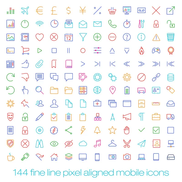 144 snijden gekleurde retro vintage pictogrammen voor mobiele interface. fijne lijn pixel uitgelijnd mobiele ui pictogrammen met variabele lijndikte. — Stockvector